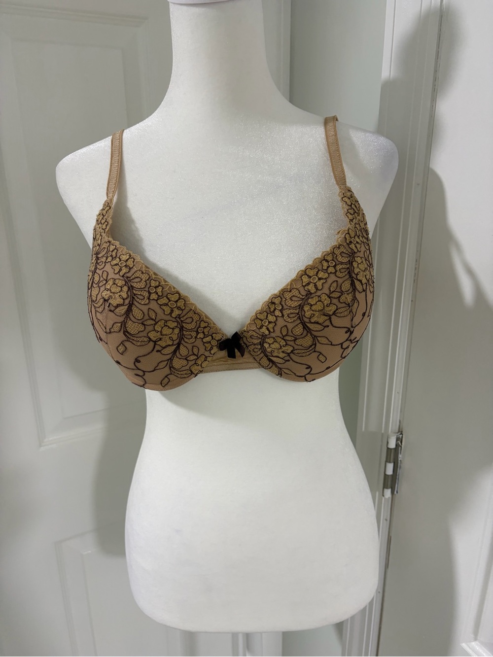 Embroidered Plunge Bra with Black Lace Detailing — Tan